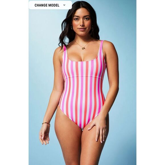 Sunset Scoop One-Piece Swimsuit Neon Candy Stripe Size Large NWT! - Picture 1 of 10